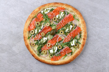 Salmon Arugula Pizza with Olives Pesto and Capers