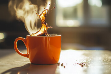 Dramatic splash of steaming coffee from a vibrant orange mug on a sunlit surface, captured in a cozy indoor setting.