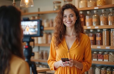 Plakat Young woman live streams selling fashionable clothing. Smiling seller presents details on social media to customers. Girl happy, shows clothes, online retail, selling products at home, social