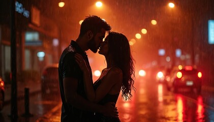 Couple embracing kissing under rain. City lights in background. Night street, reflections on wet pavement, water drops. Portrait of romantic relationship. Beautiful, tenderness, passion, atmospheric