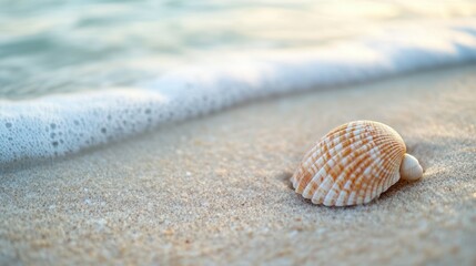Tranquil seashell on sandy beach meets gentle wave at the ocean shore. 