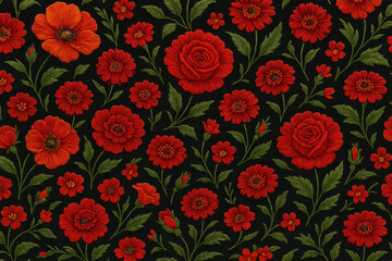 Embroidered floral pattern with red roses and leaves on black fabric background for textiles and decoration