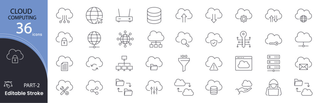 Cloud computing related icons set. Including server, data, network, storage, internet, cloud, security, and virtual machines. Editable stroke. outline icons.