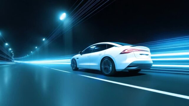 Electric Car Night Drive: A sleek electric car speeds down a futuristic highway at night, illuminated by vibrant blue light streaks, conveying a sense of cutting-edge technology and effortless speed.