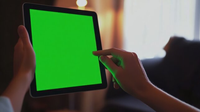 Hands holding a tablet with green screen, indoor home environment, modern device. - Powered by Adobe