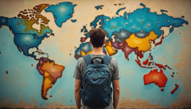 Young man stands front of world map mural. Back view of guy with backpack, looking at globe. World travel, explore countries. Tourism, geography, global vision, study around world.