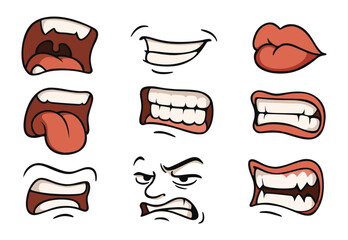 Cartoon face expression, emotional comic style mouths and eyes vector set