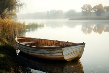 Fototapeta premium The small wooden boat moored by the riverbank