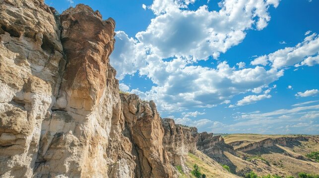 Dramatic rocky cliff face under a blue sky with fluffy clouds - Powered by Adobe