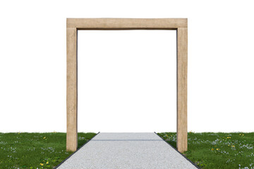 Gravel walking path and wooden frame entrance. 3d rendering of nature garden with empty background.