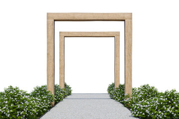 Gravel walking path and wooden frame entrance. 3d rendering of nature garden with empty background.