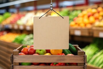 market stall sign mockup. Fresh produce displayed in a market with a blank sign for labeling.