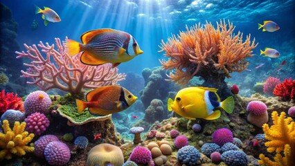 Obraz premium Vibrant Underwater Scene Featuring Colorful Fish and Coral Reefs in a Sunlit Ocean
