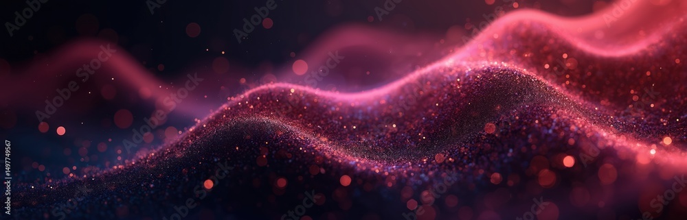 Leinwandbilder Abstract digital art illustration with red fractal particle waves on dark background. Futuristic design with light bokeh, dynamic flowing particles perfect for background, wallpaper, tech or science.