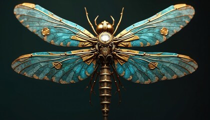 Steampunk mechanical dragonfly illustration. Vintage tech insect with gold metal gears, ornate wings, blue color. Art, engineering, fantasy, robotics, jewelry design. Fantastic 3d rendering, ai