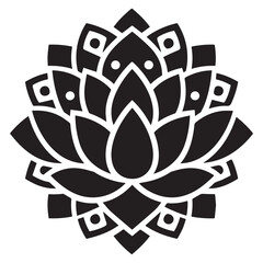 A black silhouette icon of a mandala with a lotus flower pattern.