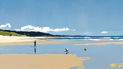 A playful dog enjoys a sunny day, chasing a ball across the sandy shore with its owner.