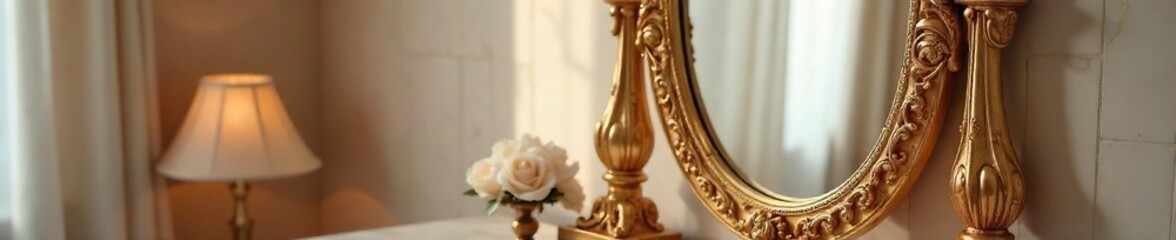 A luxurious vanity mirror with ornate detailing, reflecting a softly lit room Perfect for beauty, fashion, and home decor websites , shabby chic, faceted