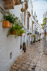 Narrow street of Locorotondo. Amazing view of the cozy old town with plants in Locorotondo, Apulia Region, Italy