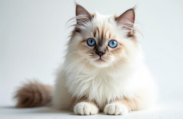 Birman cat with blue eyes, white paws sits elegantly on white backdrop. Fluffy kitten portrait, studio shot. Cute, adorable pet with soft fur. Indoor animal, domestic mammal isolated on background.