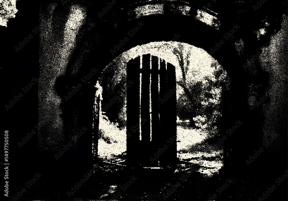 Aufkleber ancient ruins in sci-fi scene with dotwork retro style. mysterious gate debris with dramatic lights 
