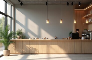 Modern cafe interior with empty wall for mockup. Wooden counter, display, plants. Interior design, minimalist, cozy, dining, business, trendy, light, modern. Ideal background for product promotion.
