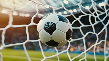 Naklejka premium Close-up of a soccer ball hitting the net in a stadium; game winning shot.