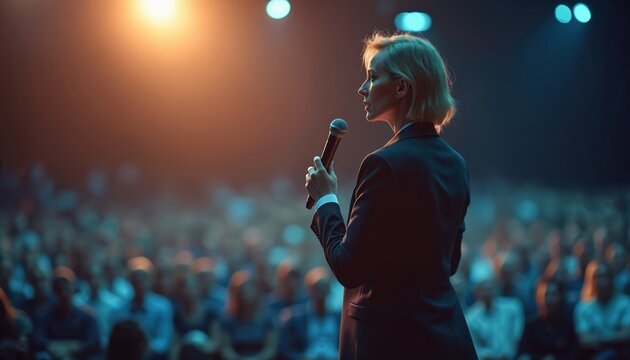 Blonde woman speaker on stage addresses audience in modern hall. Pro female holding microphone presents at seminar. Corporate event, business conference, public speaking, lecture. Professional