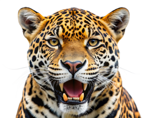   head portrait of a jaguar with open mouth on white background. PNG