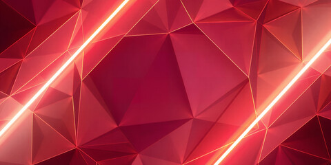 Abstract Red Geometric Background with Neon Light Streaks Modern Low Poly Design