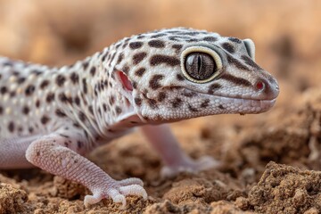 Fototapeta premium Close-Up of a Captivating Leopard Gecko on Sandy Terrain, Showcasing Unique Patterns and Textures in Nature’s Beautiful Landscape