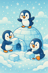 Three playful penguins are building an igloo under the snow. One is on top, while the others are carrying ice blocks. The atmosphere is cheerful, with snowflakes and a blue sky in the background.