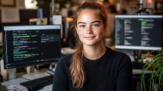 Young woman smiling in a tech workspace with coding screens