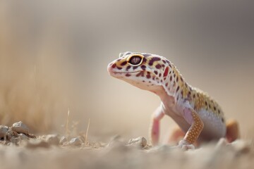 Naklejka premium Close-up of a Colorful Leopard Gecko Sitting on Dry Ground Surrounded by Natural Environment with Warm Tones and Soft Background Blur for Nature Photography