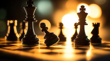 A close-up of chess pieces on a chessboard with a golden bokeh background.
