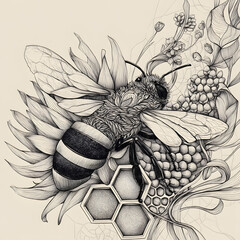 A black and white drawing of a bee on a flower