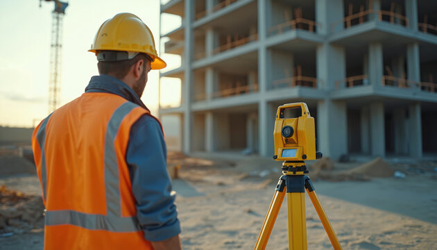 Construction engineer uses 3D scanner, surveying building site. Worker in hard hat with total station measuring, assessing construction project. Construction tech, automated control industry,