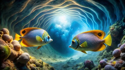Fototapeta premium Vibrant Marine Life Encounter Two Striking Tropical Fish Gaze at Each Other Within a Sunlit Underwater Cave