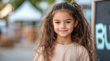 Fototapeta premium Young girl with curly hair smiling outdoors
