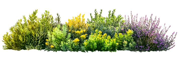 Colorful garden border of assorted flowers and shrubs