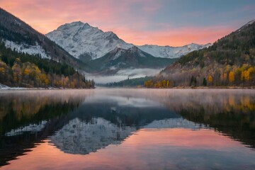 scenery of lake and snow mountain in sunrise time