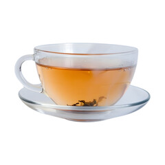 Glass teacup filled with warm herbal tea on clear transparent background