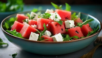 Bowl mit Wassermelone, Feta, Minze und Rucola – sommerlich-frisch.