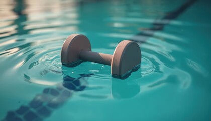Aqua aerobics dumbbell floating in swimming pool. Water resistance exercise equipment for fitness workout at home or in gym. Healthy lifestyle concept. Aqua therapy.