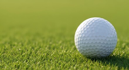 Obraz premium White golf ball close up on green grass. Sport game and outdoor activity at summer. Leisure and recreation concept.