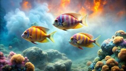Fototapeta premium Striped fish gracefully swim amidst a vibrant underwater scene, coral formations, and a breathtaking, colorful sky