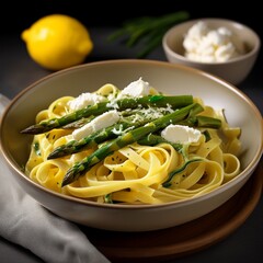 Bowl mit Tagliatelle, grünem Spargel, Zitronenschale und Ricotta.