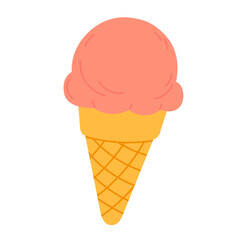 Peach-colored ice cream scoop in waffle cone on white background, perfect for fruity dessert themes and summer food projects