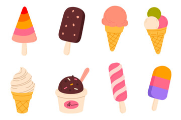 Set of colorful ice cream types including cones, popsicles, and cups on white background, ideal for dessert, food, or summer-themed design
