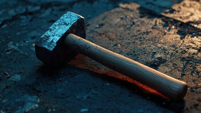 A hammer lying on the ground beside a brick wall, ideal for use in construction or DIY projects